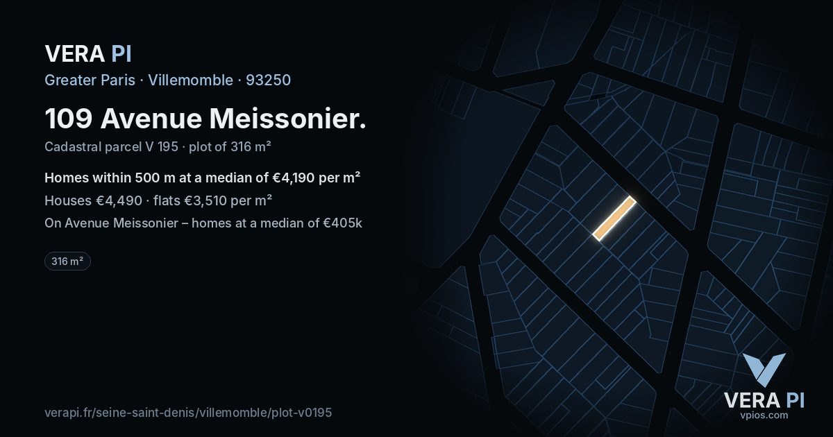 109 Avenue Meissonier, Villemomble at night – the plot lit, the parcels around coloured by the prices near them