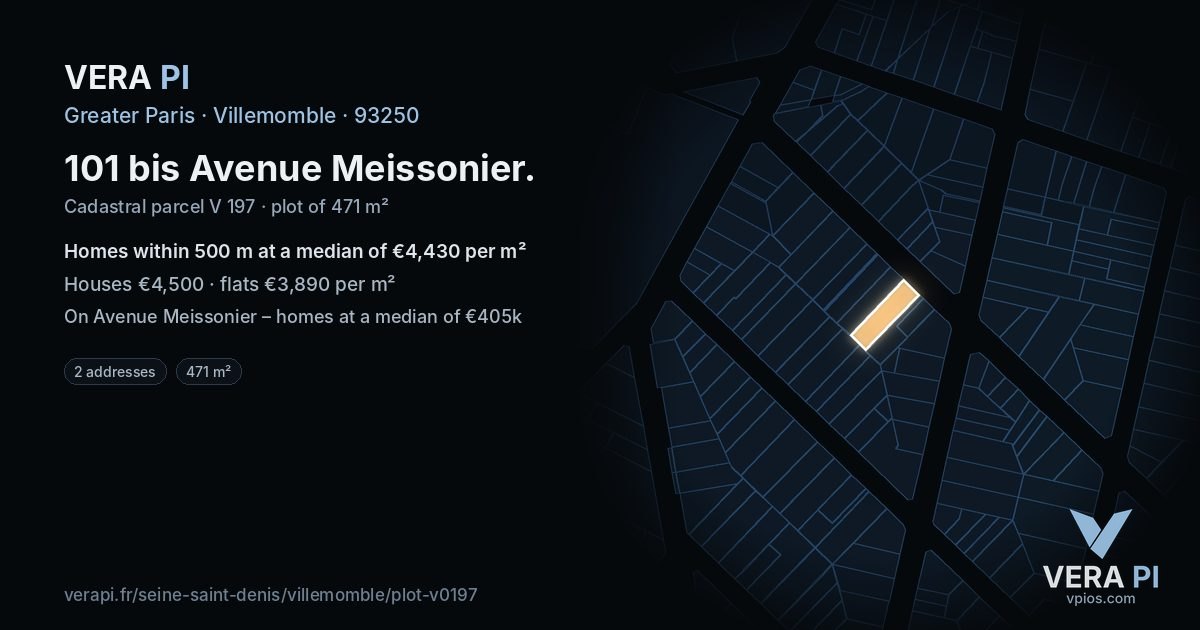 101 bis Avenue Meissonier, Villemomble at night – the plot lit, the parcels around coloured by the prices near them