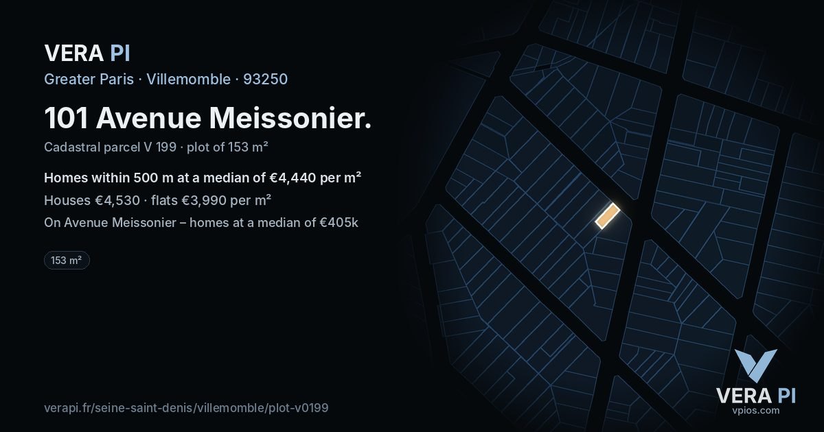 101 Avenue Meissonier, Villemomble at night – the plot lit, the parcels around coloured by the prices near them