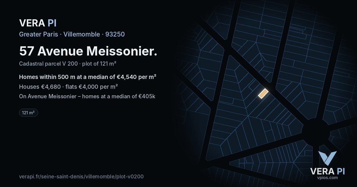 57 Avenue Meissonier, Villemomble at night – the plot lit, the parcels around coloured by the prices near them