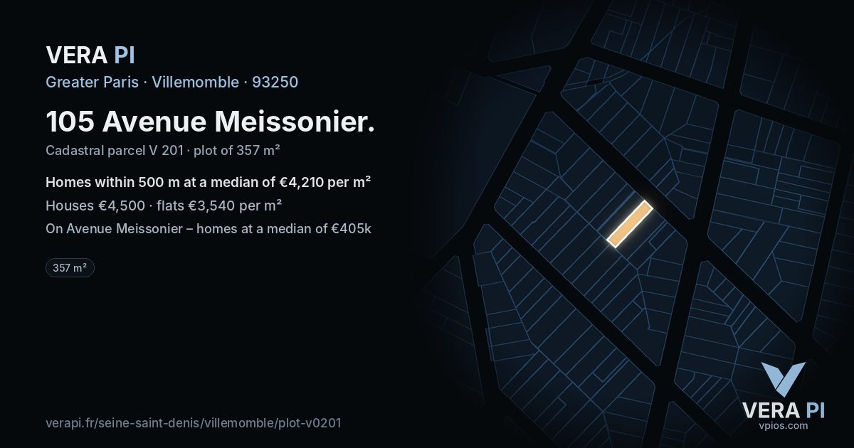 105 Avenue Meissonier, Villemomble at night – the plot lit, the parcels around coloured by the prices near them