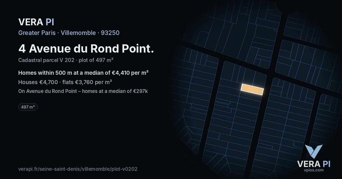 4 Avenue du Rond Point, Villemomble at night – the plot lit, the parcels around coloured by the prices near them