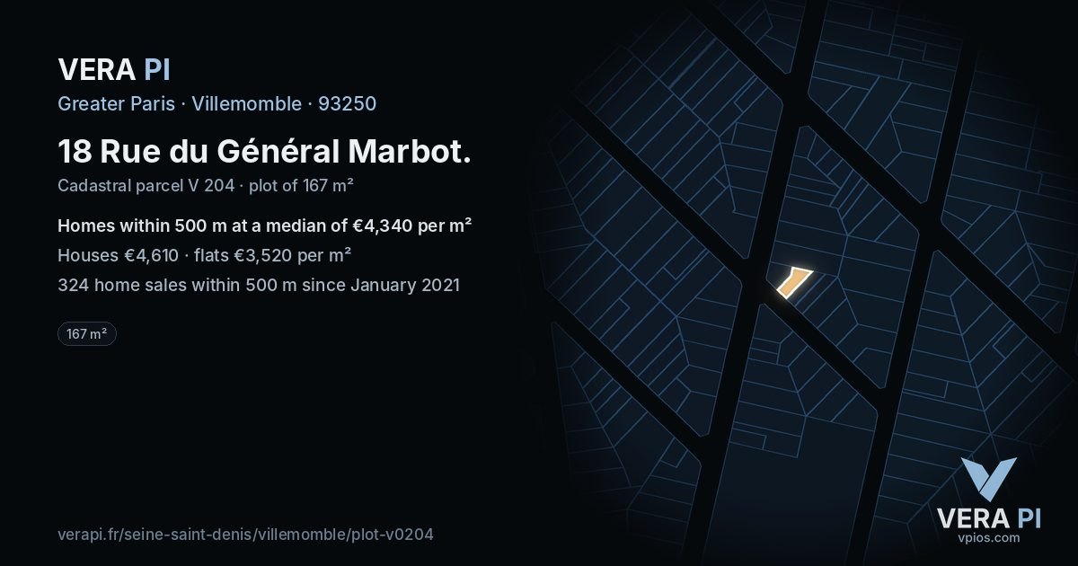 18 Rue du Général Marbot, Villemomble at night – the plot lit, the parcels around coloured by the prices near them