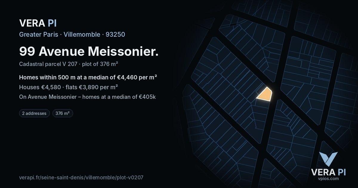 99 Avenue Meissonier, Villemomble at night – the plot lit, the parcels around coloured by the prices near them