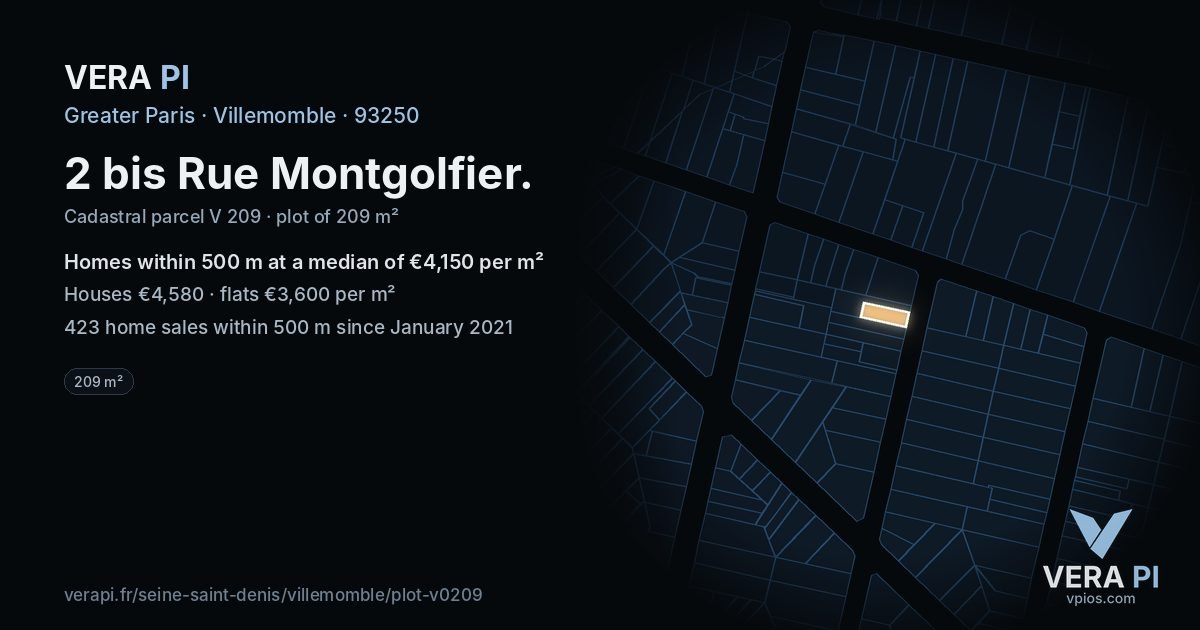 2 bis Rue Montgolfier, Villemomble at night – the plot lit, the parcels around coloured by the prices near them