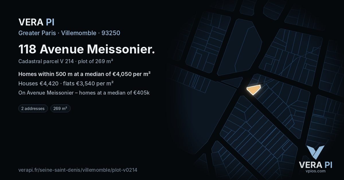 118 Avenue Meissonier, Villemomble at night – the plot lit, the parcels around coloured by the prices near them