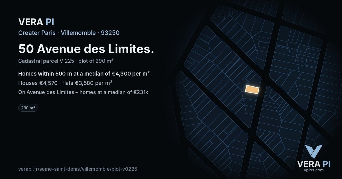 50 Avenue des Limites, Villemomble at night – the plot lit, the parcels around coloured by the prices near them