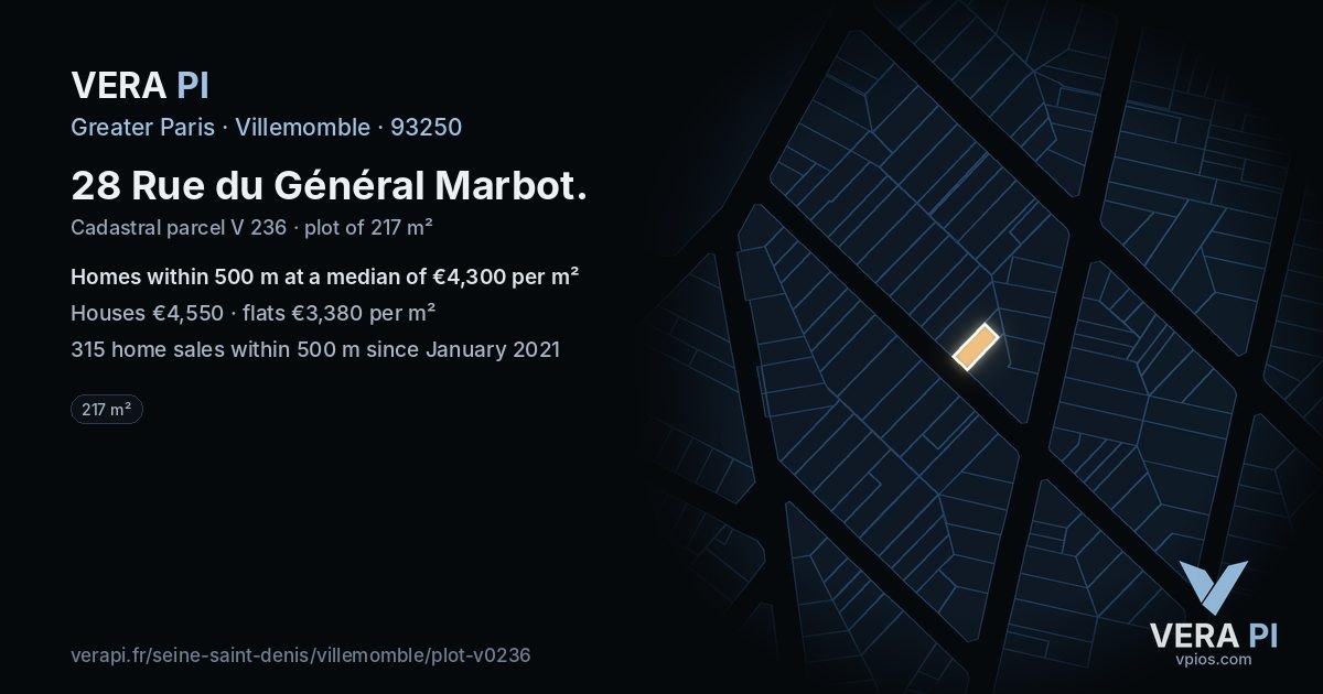 28 Rue du Général Marbot, Villemomble at night – the plot lit, the parcels around coloured by the prices near them