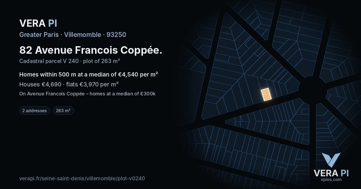 82 Avenue Francois Coppée, Villemomble at night – the plot lit, the parcels around coloured by the prices near them