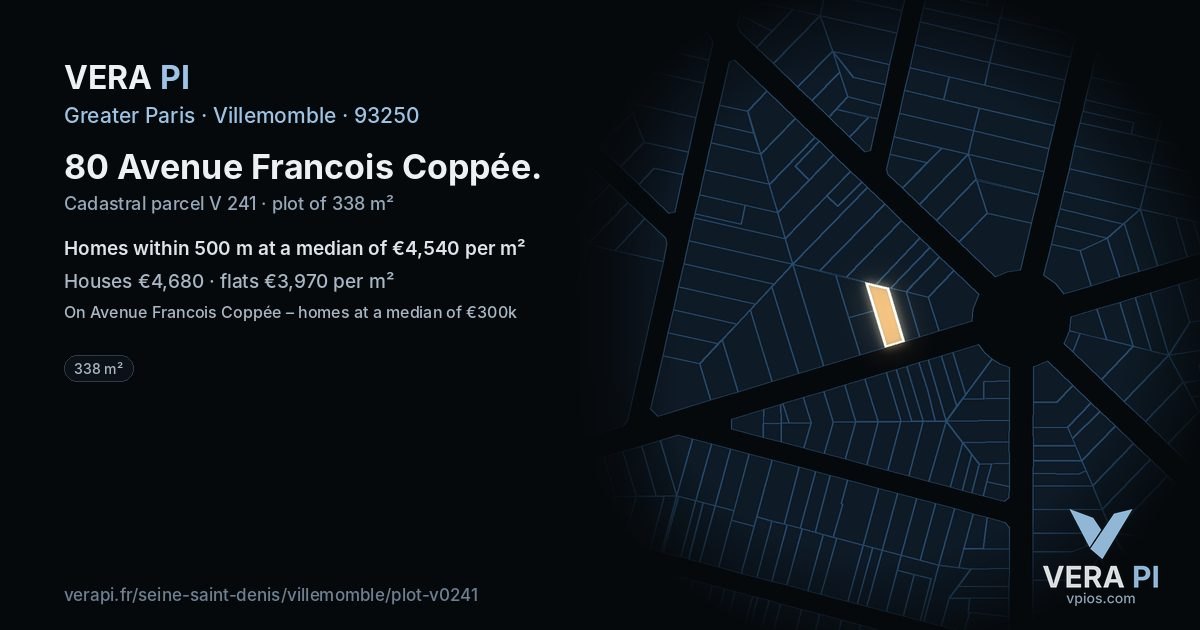 80 Avenue Francois Coppée, Villemomble at night – the plot lit, the parcels around coloured by the prices near them