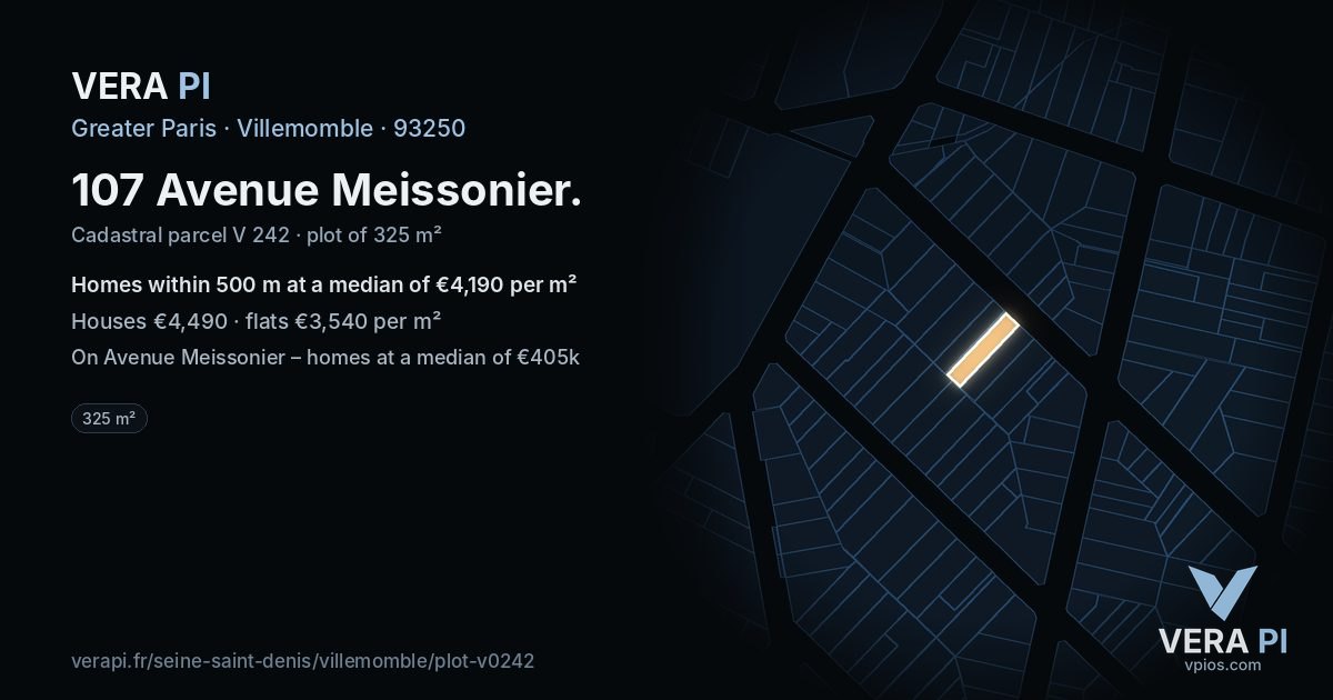 107 Avenue Meissonier, Villemomble at night – the plot lit, the parcels around coloured by the prices near them