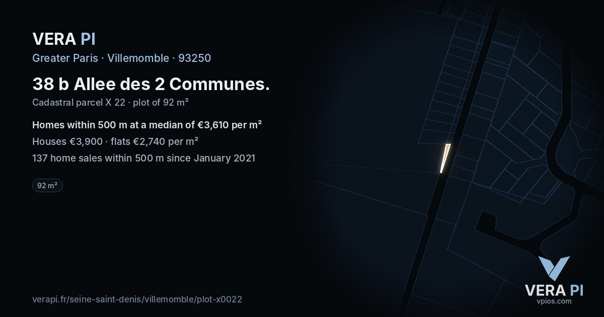 38 b Allee des 2 Communes, Villemomble at night – the plot lit, the parcels around coloured by the prices near them