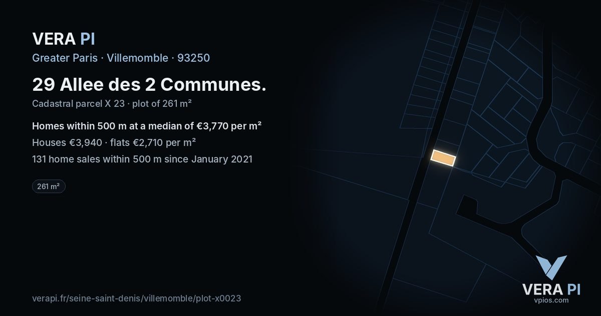 29 Allee des 2 Communes, Villemomble at night – the plot lit, the parcels around coloured by the prices near them
