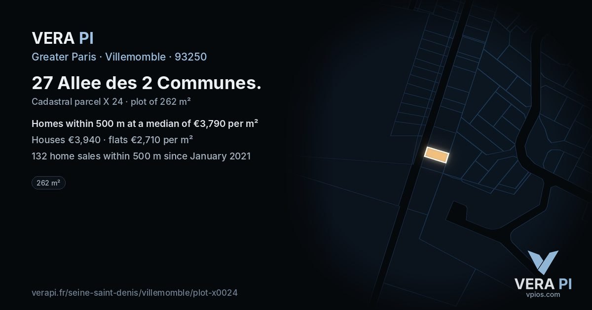27 Allee des 2 Communes, Villemomble at night – the plot lit, the parcels around coloured by the prices near them