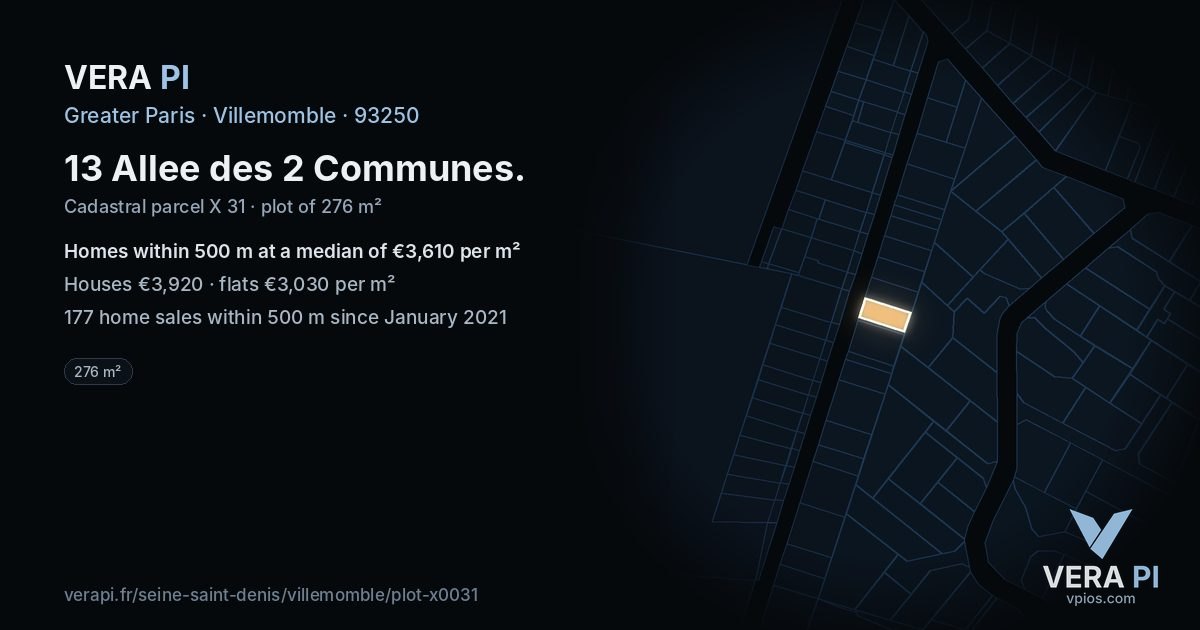 13 Allee des 2 Communes, Villemomble at night – the plot lit, the parcels around coloured by the prices near them