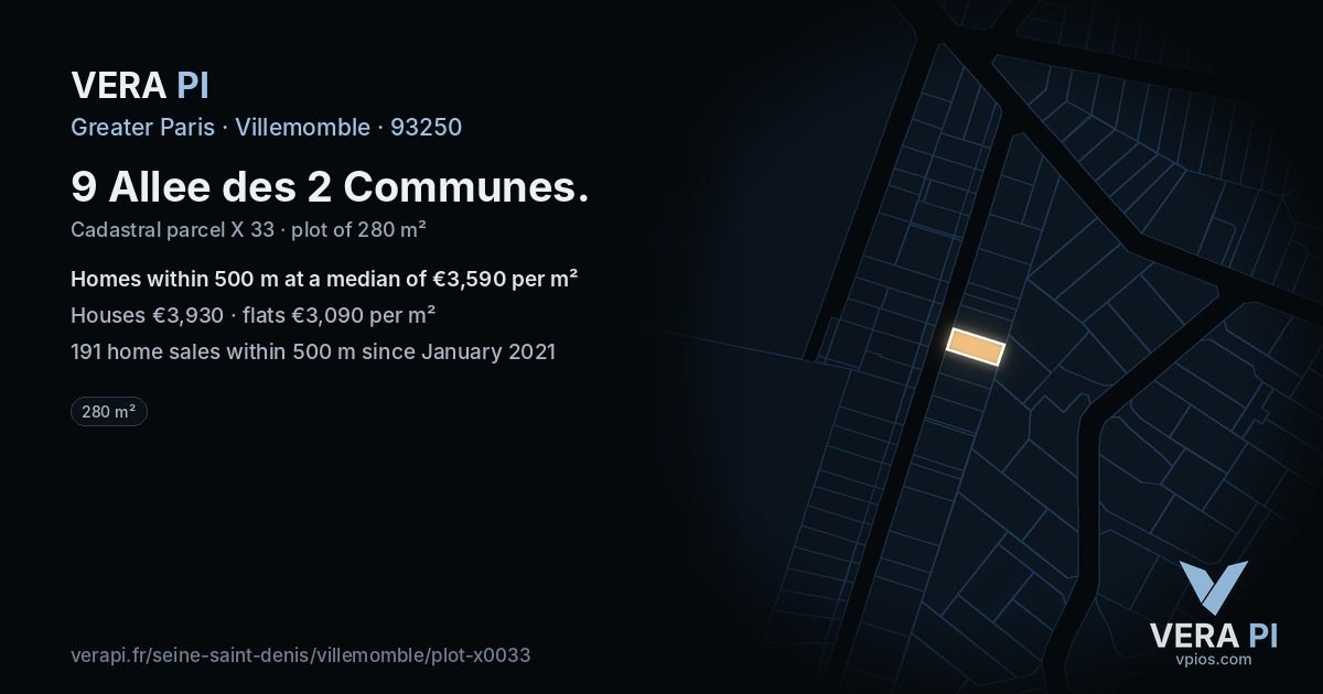 9 Allee des 2 Communes, Villemomble at night – the plot lit, the parcels around coloured by the prices near them