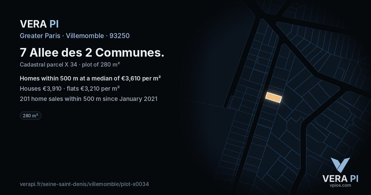 7 Allee des 2 Communes, Villemomble at night – the plot lit, the parcels around coloured by the prices near them