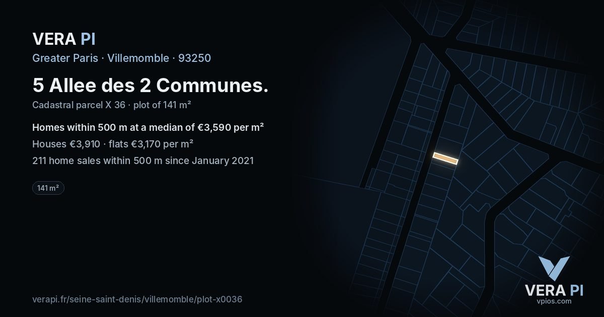 5 Allee des 2 Communes, Villemomble at night – the plot lit, the parcels around coloured by the prices near them
