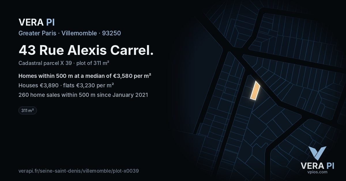 43 Rue Alexis Carrel, Villemomble at night – the plot lit, the parcels around coloured by the prices near them
