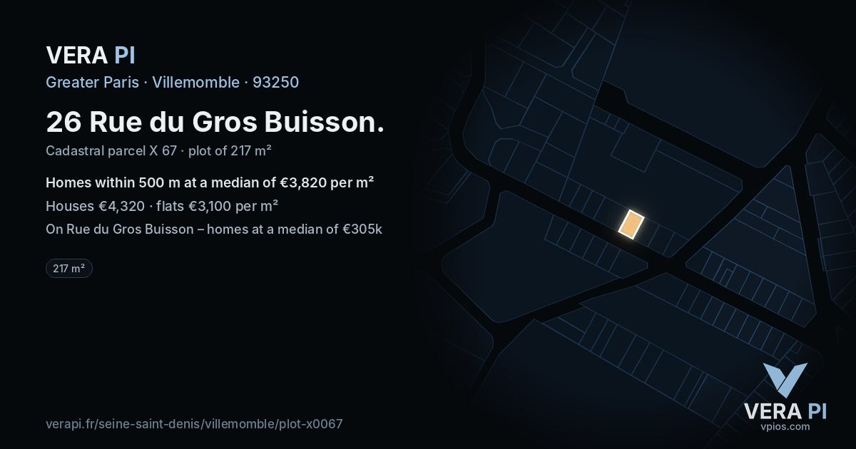 26 Rue du Gros Buisson, Villemomble at night – the plot lit, the parcels around coloured by the prices near them