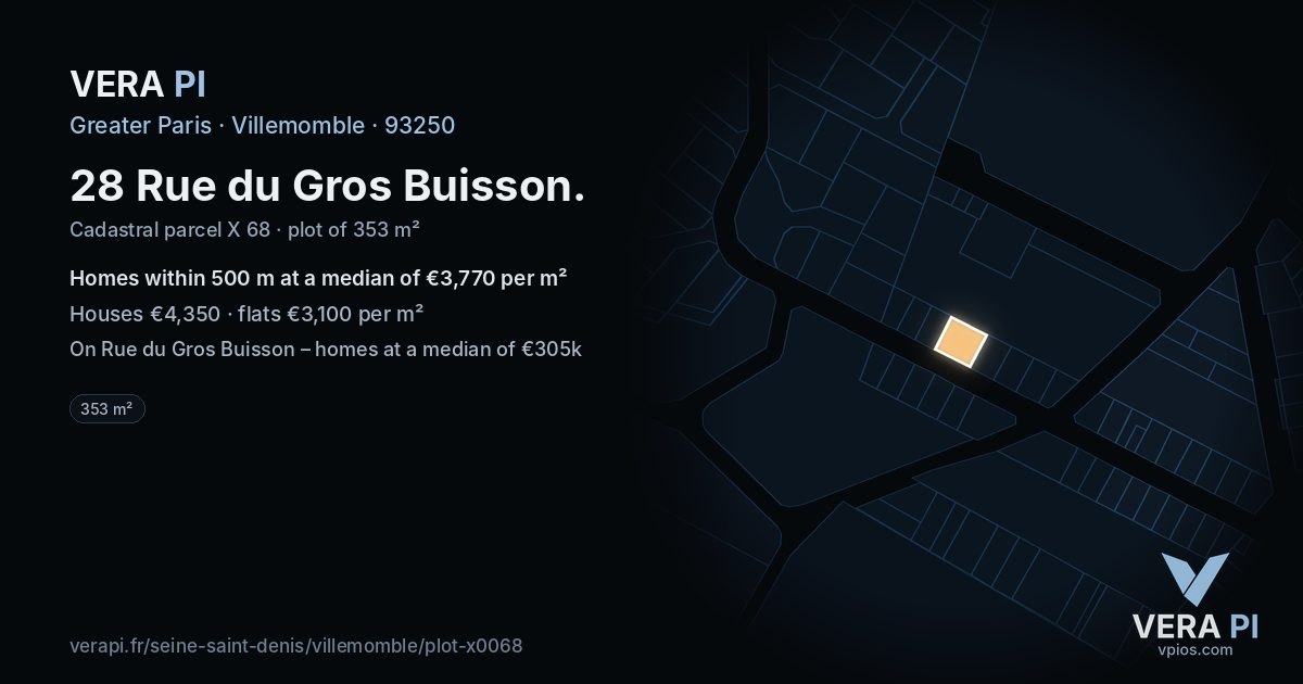 28 Rue du Gros Buisson, Villemomble at night – the plot lit, the parcels around coloured by the prices near them