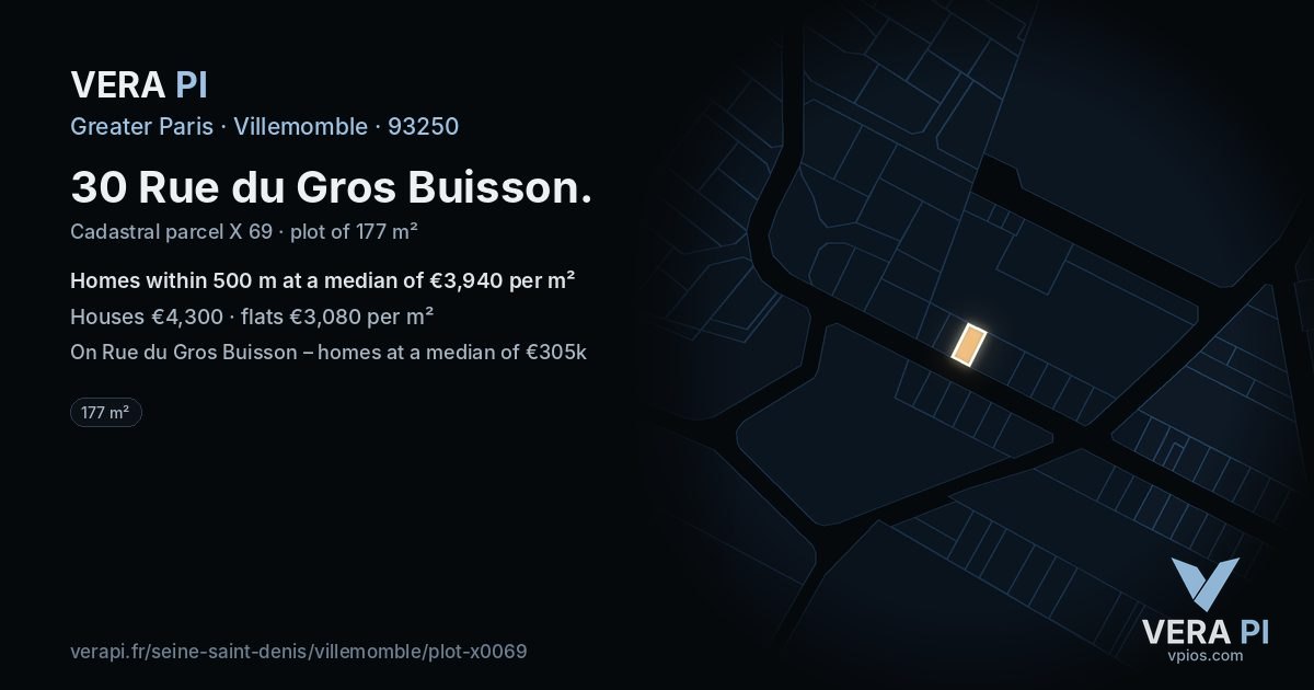 30 Rue du Gros Buisson, Villemomble at night – the plot lit, the parcels around coloured by the prices near them