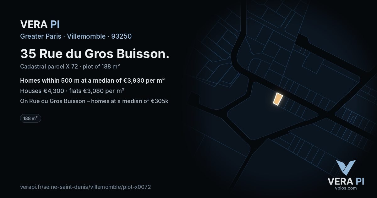 35 Rue du Gros Buisson, Villemomble at night – the plot lit, the parcels around coloured by the prices near them