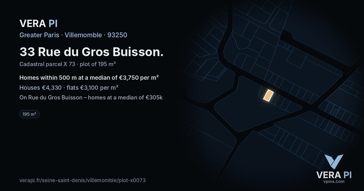 33 Rue du Gros Buisson, Villemomble at night – the plot lit, the parcels around coloured by the prices near them