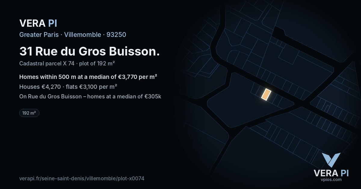 31 Rue du Gros Buisson, Villemomble at night – the plot lit, the parcels around coloured by the prices near them