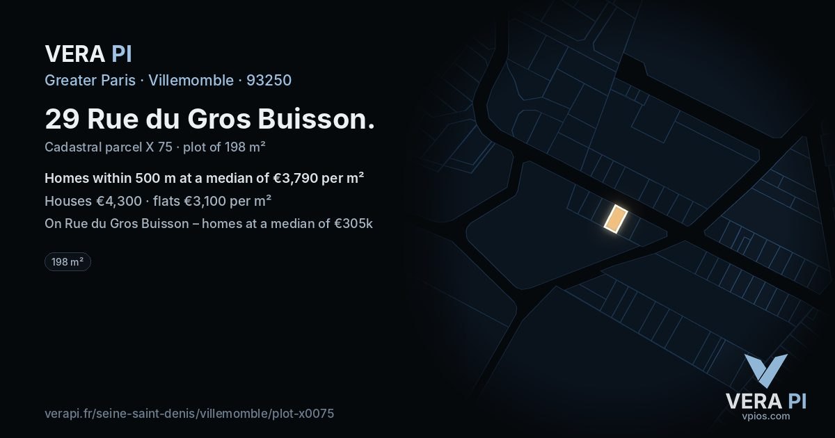 29 Rue du Gros Buisson, Villemomble at night – the plot lit, the parcels around coloured by the prices near them