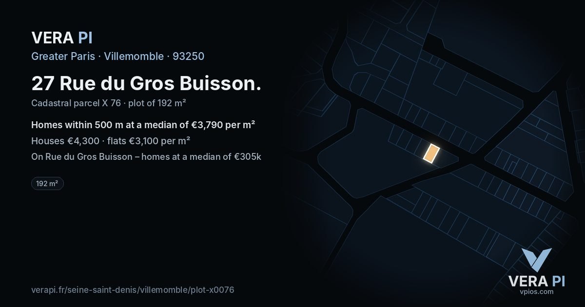 27 Rue du Gros Buisson, Villemomble at night – the plot lit, the parcels around coloured by the prices near them