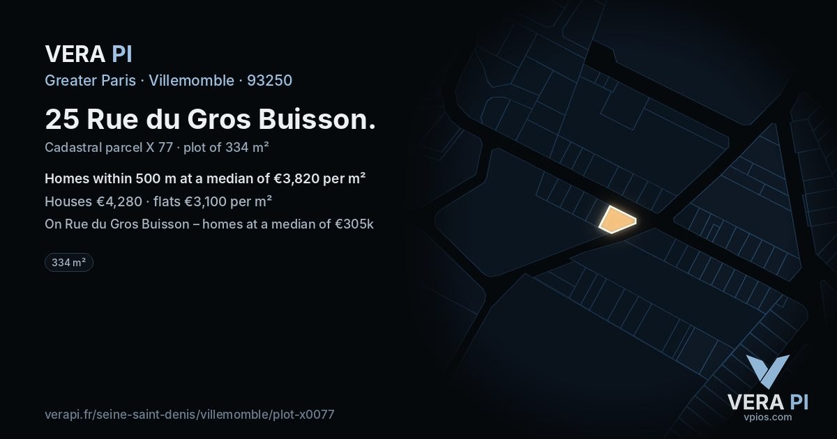 25 Rue du Gros Buisson, Villemomble at night – the plot lit, the parcels around coloured by the prices near them