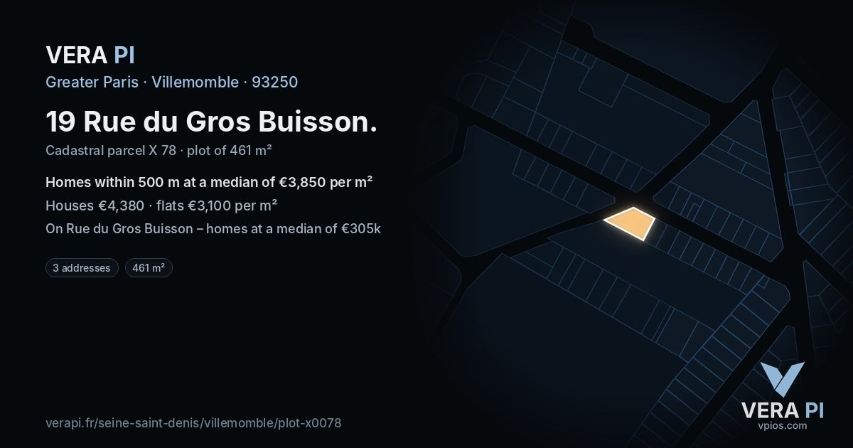 19 Rue du Gros Buisson, Villemomble at night – the plot lit, the parcels around coloured by the prices near them