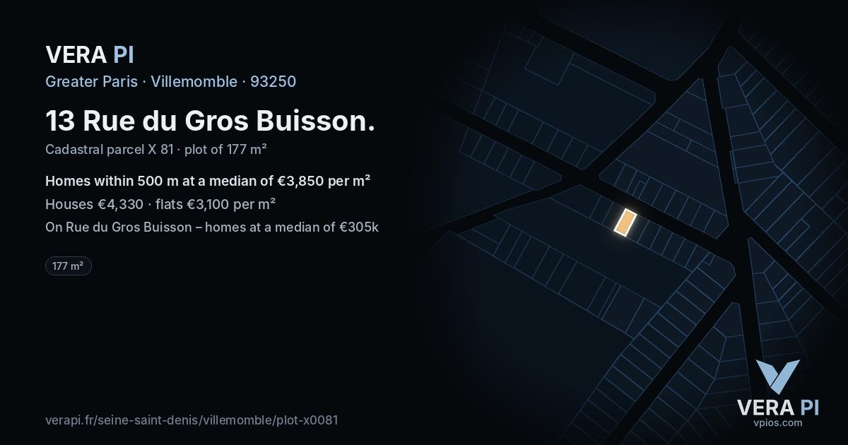 13 Rue du Gros Buisson, Villemomble at night – the plot lit, the parcels around coloured by the prices near them