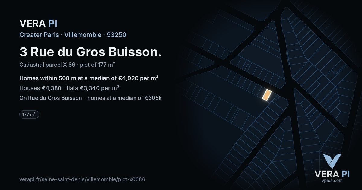 3 Rue du Gros Buisson, Villemomble at night – the plot lit, the parcels around coloured by the prices near them