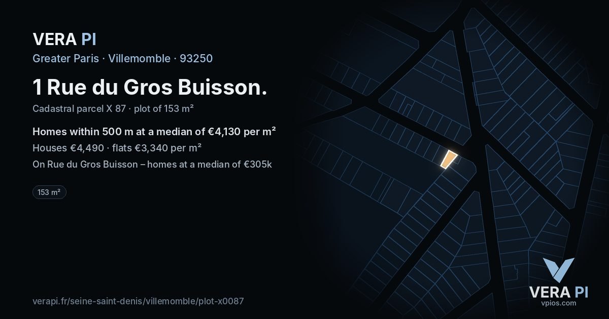 1 Rue du Gros Buisson, Villemomble at night – the plot lit, the parcels around coloured by the prices near them