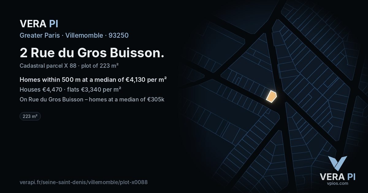 2 Rue du Gros Buisson, Villemomble at night – the plot lit, the parcels around coloured by the prices near them