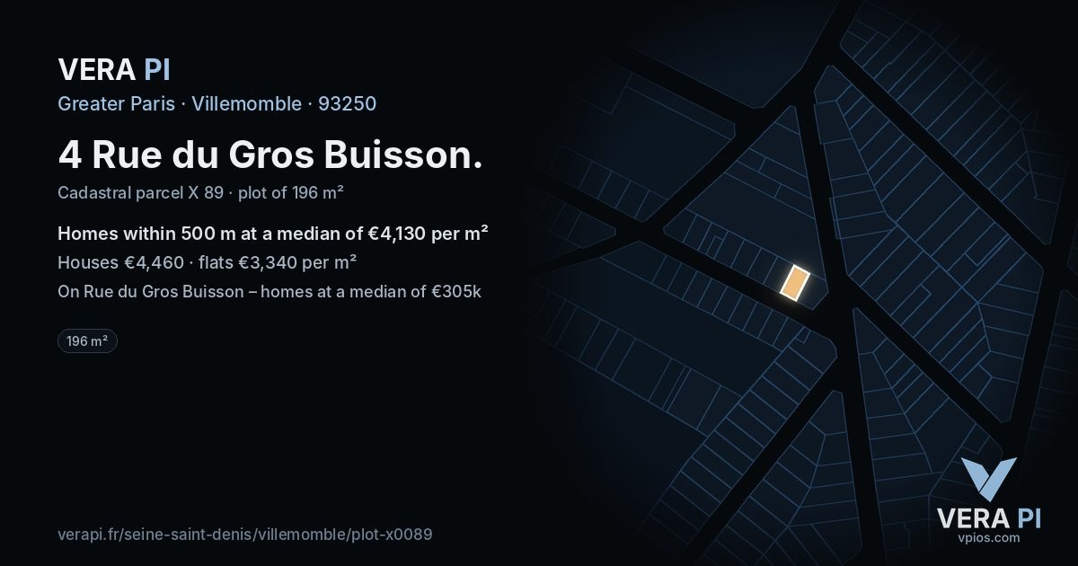 4 Rue du Gros Buisson, Villemomble at night – the plot lit, the parcels around coloured by the prices near them