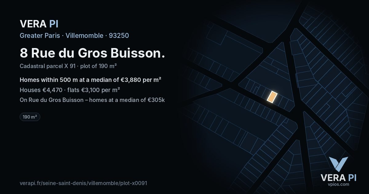 8 Rue du Gros Buisson, Villemomble at night – the plot lit, the parcels around coloured by the prices near them