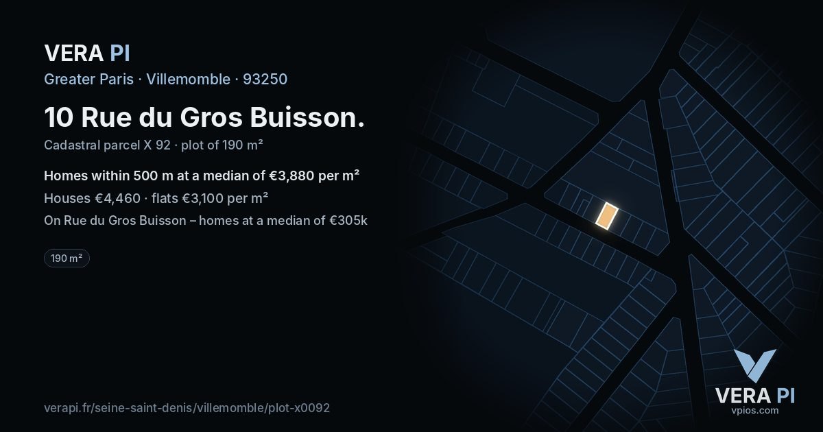 10 Rue du Gros Buisson, Villemomble at night – the plot lit, the parcels around coloured by the prices near them