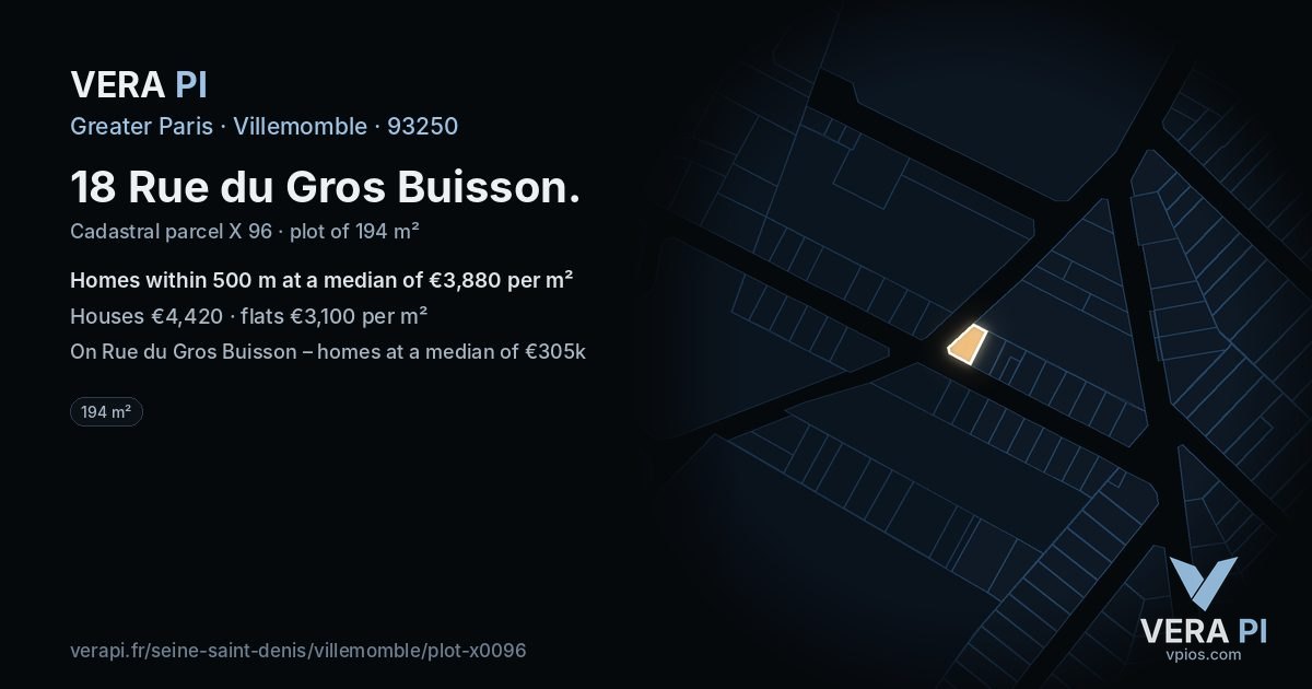 18 Rue du Gros Buisson, Villemomble at night – the plot lit, the parcels around coloured by the prices near them
