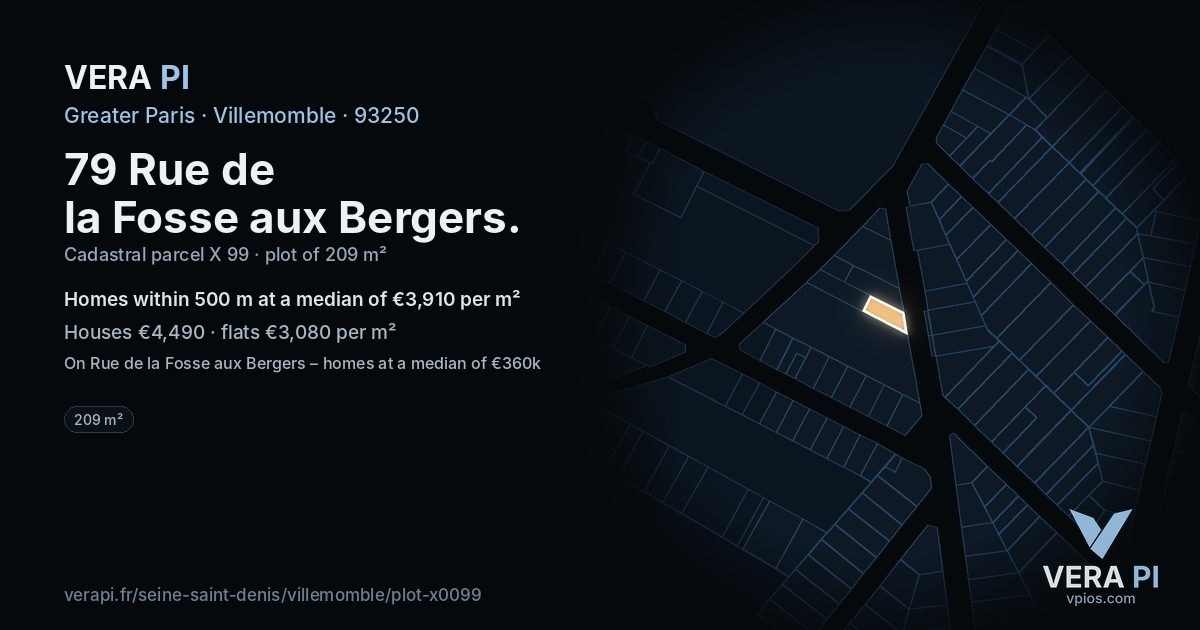 79 Rue de la Fosse aux Bergers, Villemomble at night – the plot lit, the parcels around coloured by the prices near them