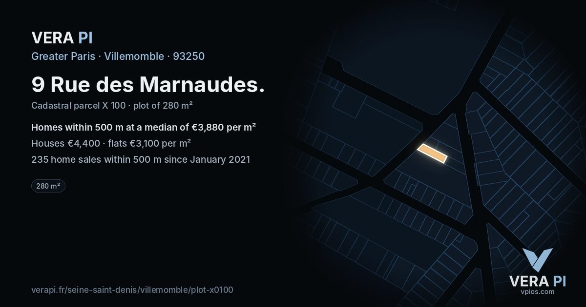 9 Rue des Marnaudes, Villemomble at night – the plot lit, the parcels around coloured by the prices near them