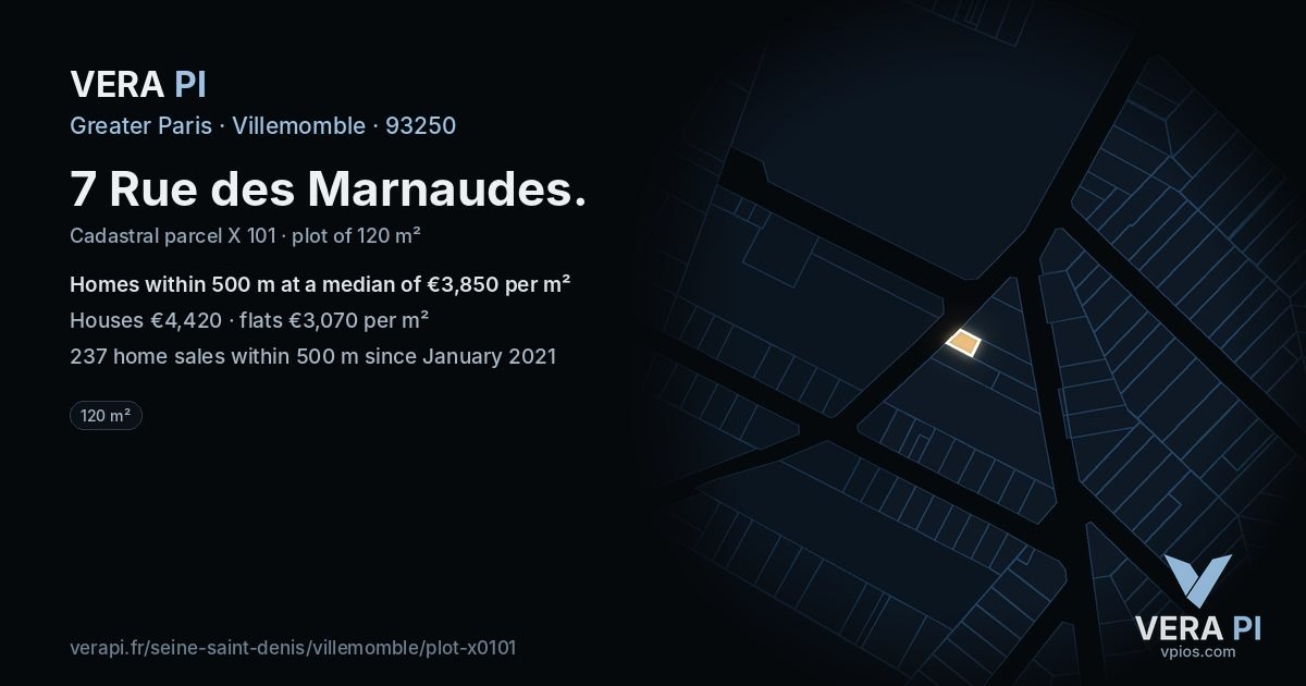 7 Rue des Marnaudes, Villemomble at night – the plot lit, the parcels around coloured by the prices near them