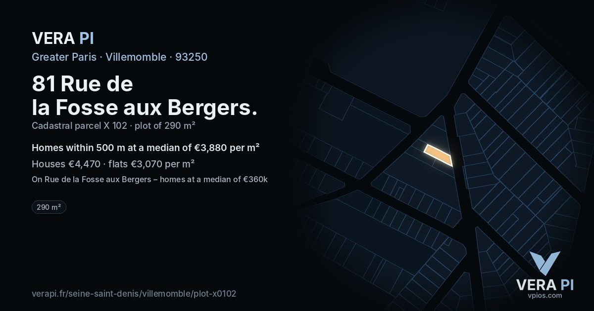 81 Rue de la Fosse aux Bergers, Villemomble at night – the plot lit, the parcels around coloured by the prices near them