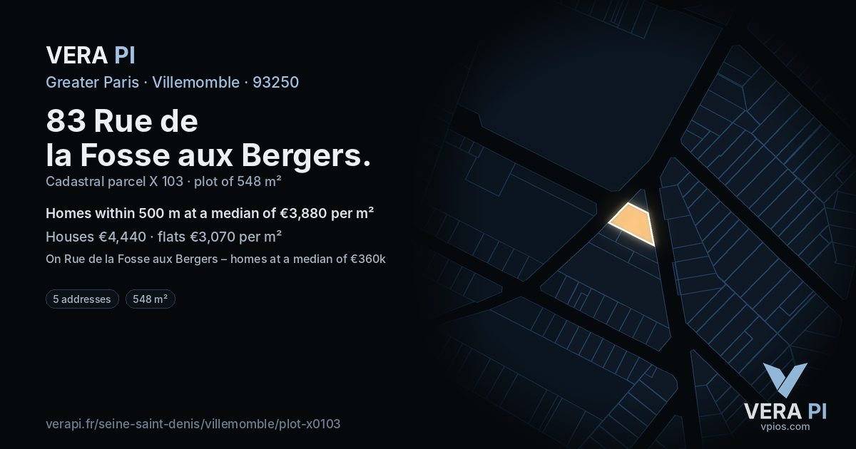 83 Rue de la Fosse aux Bergers, Villemomble at night – the plot lit, the parcels around coloured by the prices near them