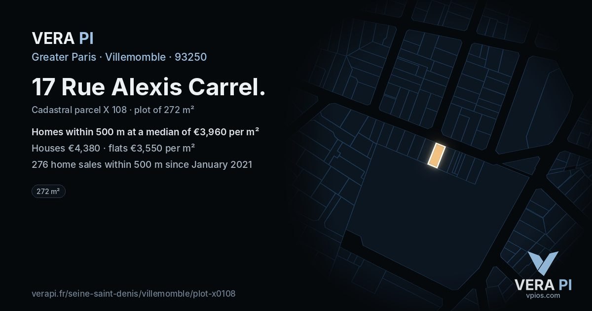 17 Rue Alexis Carrel, Villemomble at night – the plot lit, the parcels around coloured by the prices near them