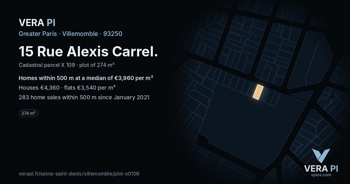 15 Rue Alexis Carrel, Villemomble at night – the plot lit, the parcels around coloured by the prices near them
