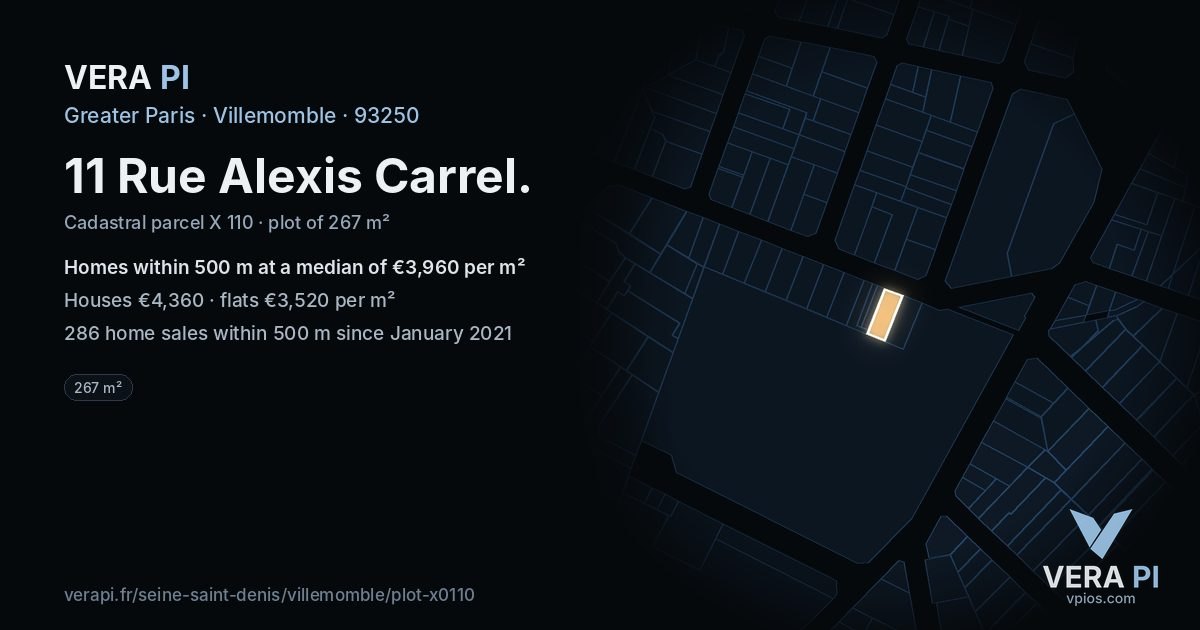 11 Rue Alexis Carrel, Villemomble at night – the plot lit, the parcels around coloured by the prices near them