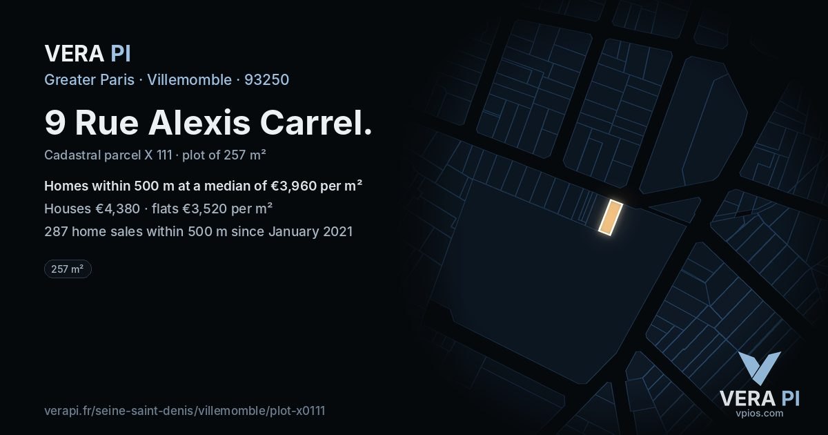 9 Rue Alexis Carrel, Villemomble at night – the plot lit, the parcels around coloured by the prices near them